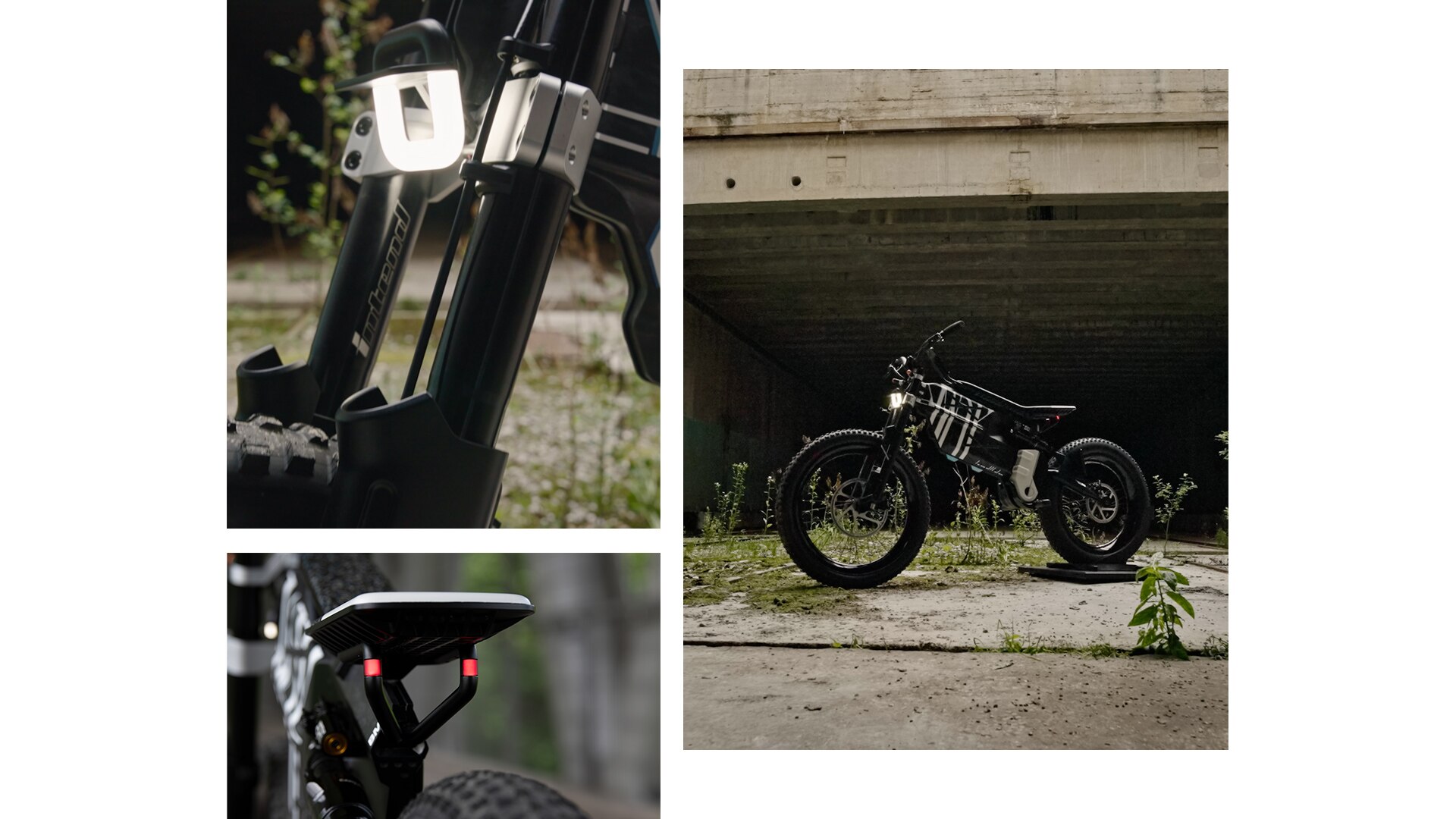Το BMW Motorrad Vision AMBY με την ασυνήθιστη εμφάνιση και τους μεγάλους τρακτερωτούς τροχούς σε έναν εγκαταλειμμένο χώρο εργοστασίου.