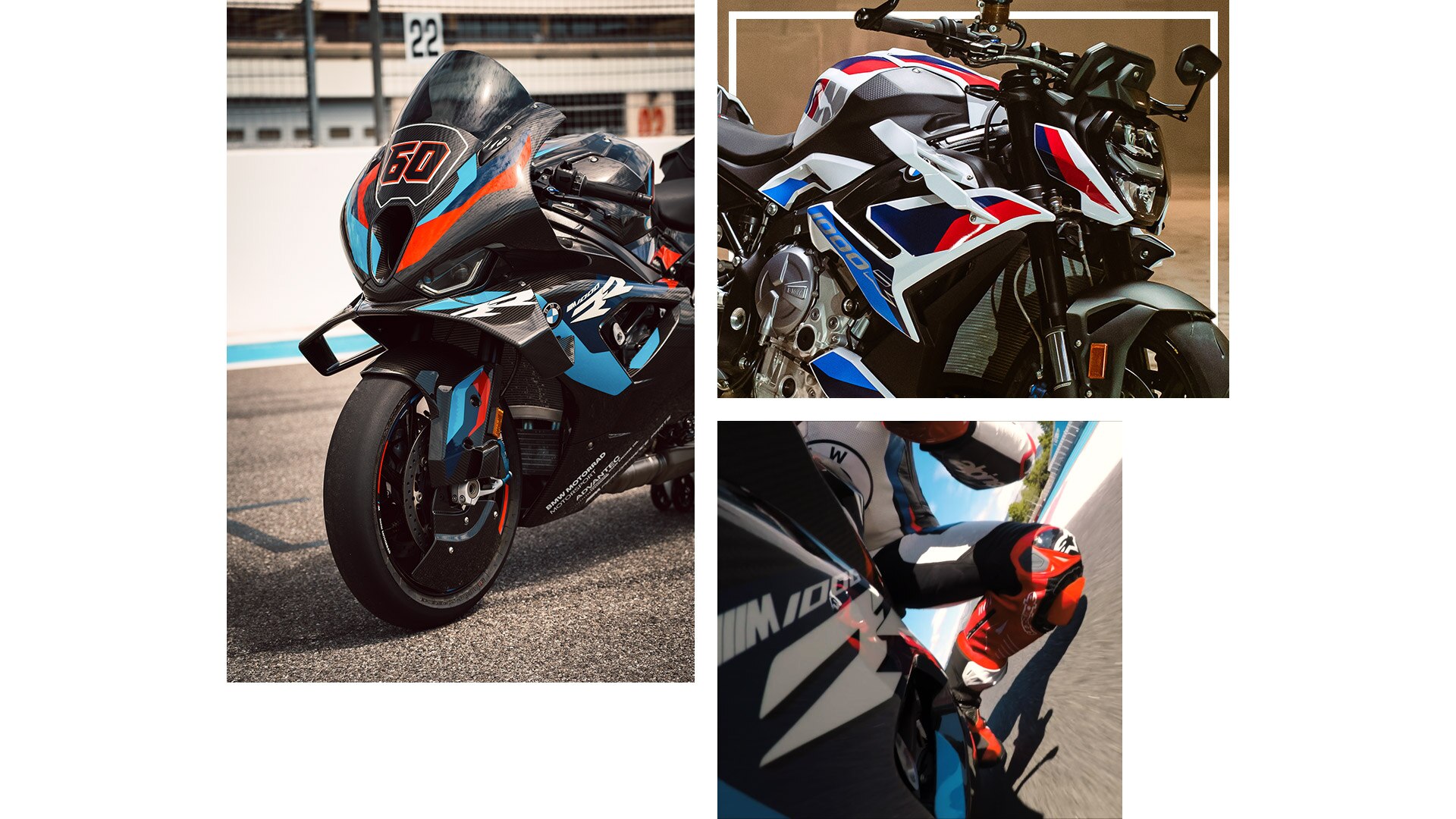 Κολάζ από λήψεις της M 1000 RR και M 1000 R σε κίνηση.