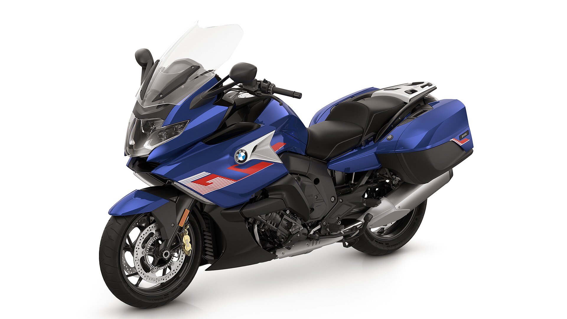 Η K 1600 GT σε Light white/Racing blue metallic/Racing red.