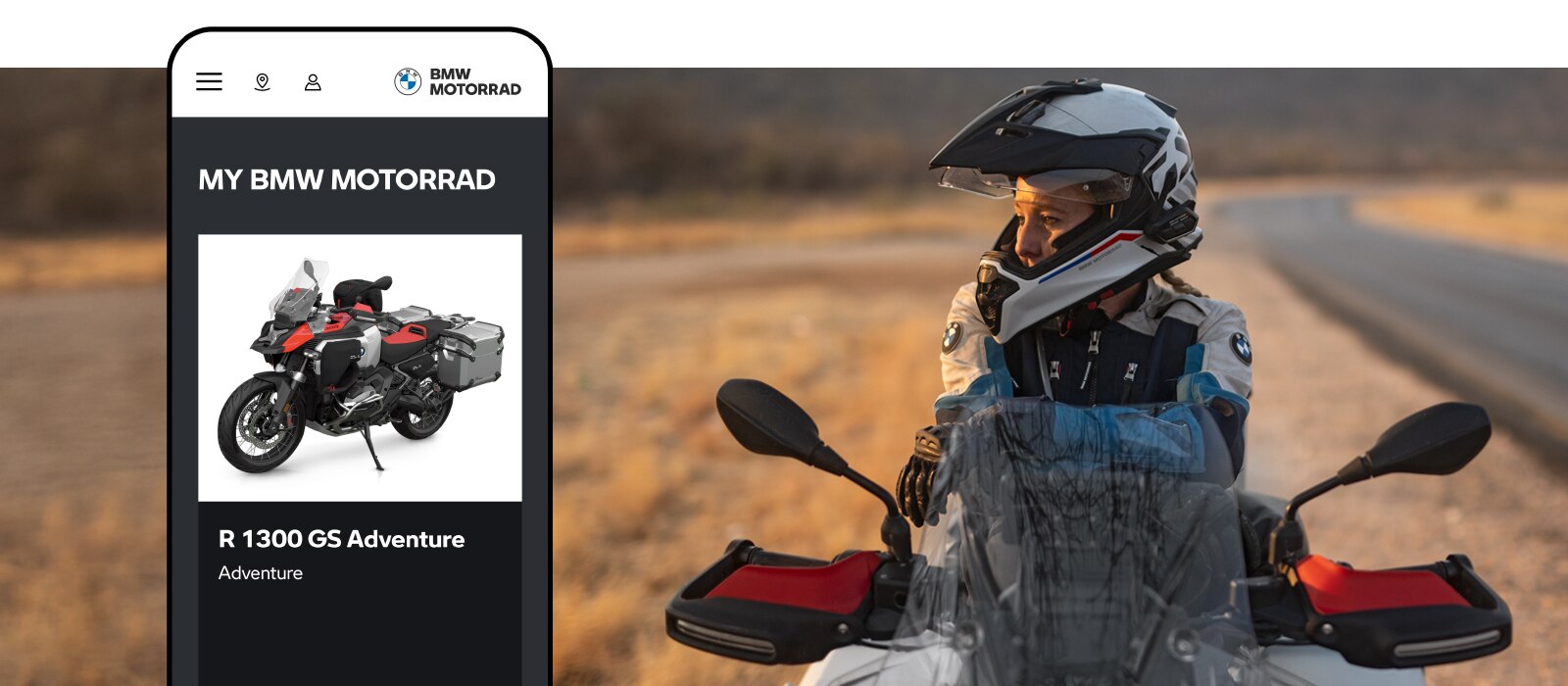 Μια οδηγός πάνω σε μια BMW Motorrad. Αριστερά ένα Mobile Mockup του BMW Motorrad CarData